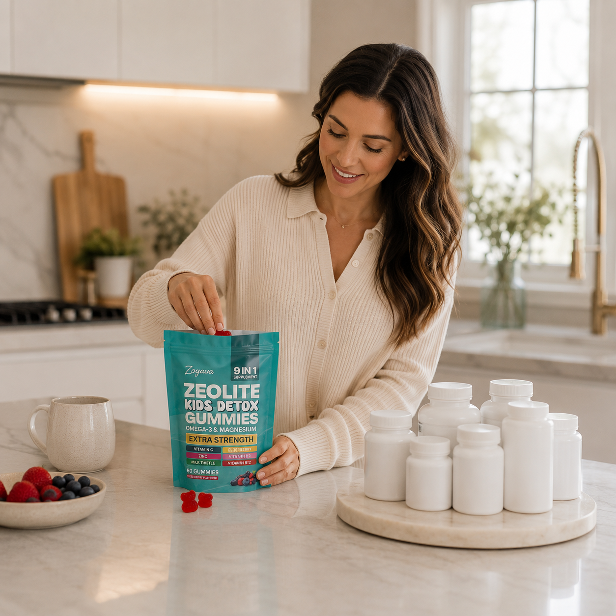 Mother reaching into Zoyava gummies bag — confident daily wellness routine