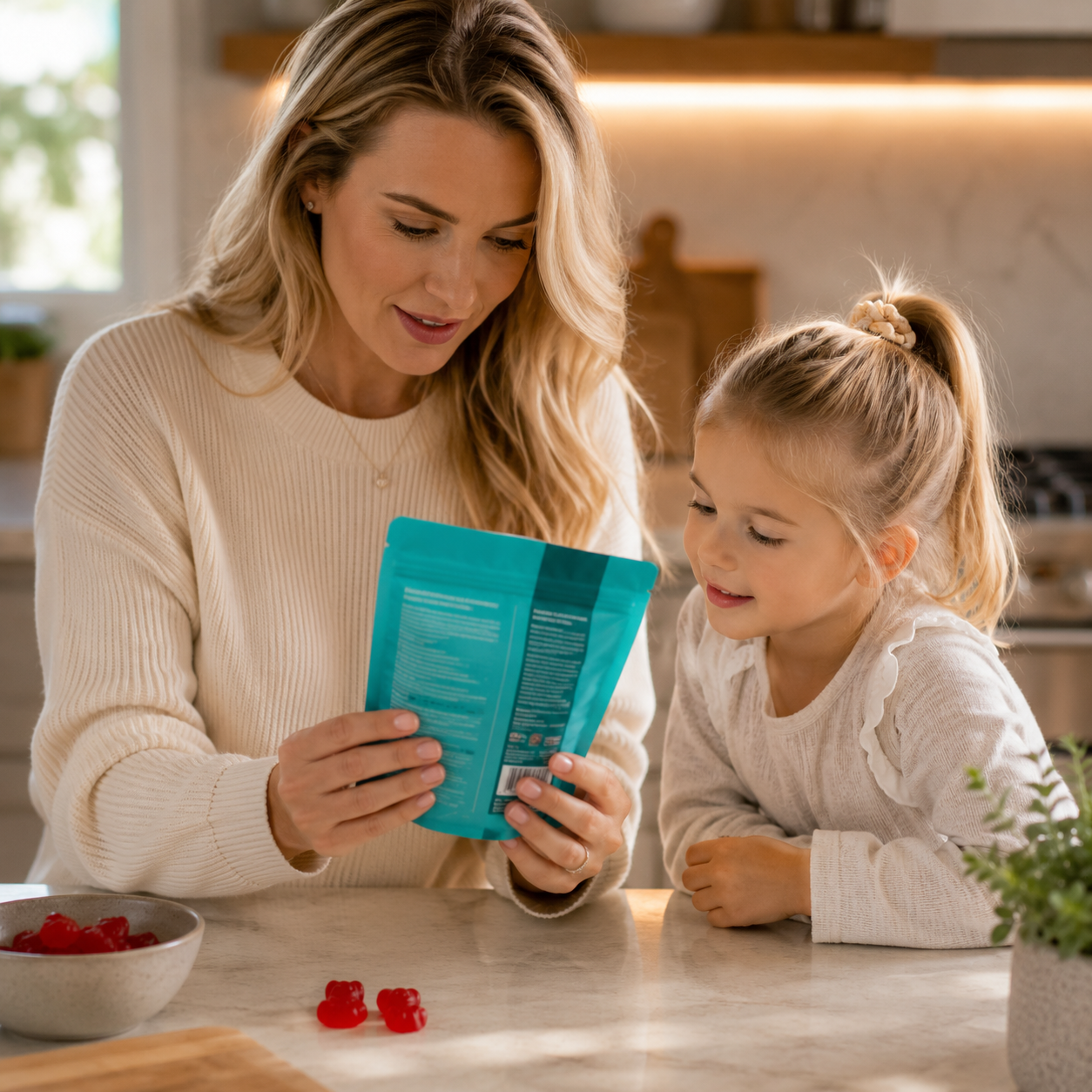 Mother and daughter reading Zoyava label — informed parenting